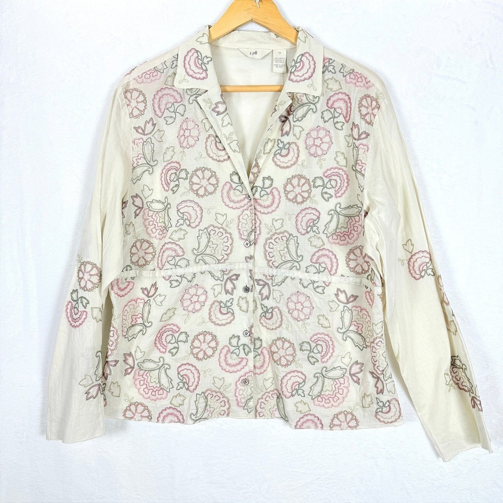 J. Jill 18 Ivory‎ Cotton Floral Embroidered Button Down Shirt NWT Plus Size - Picture 3 of 8